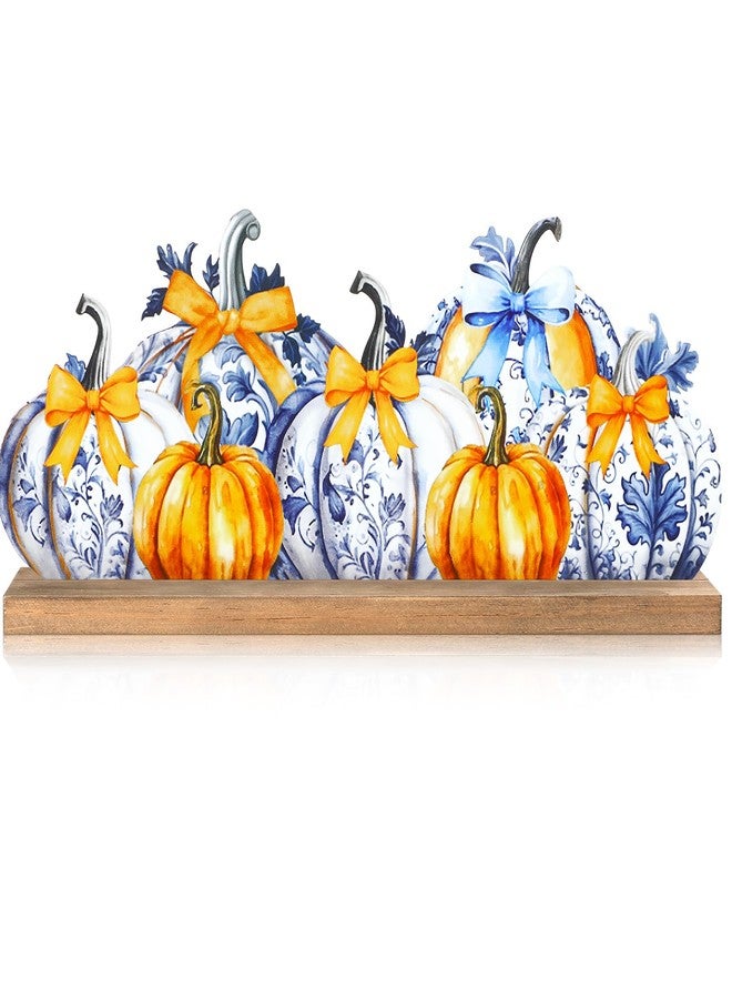 MiniInflat Fall Chinoiserie Pumpkin Metal Sign Orange and Blue Fall Decor Thanksgiving Tiered Tray Decor Freestanding Blue and White Table Centerpiece with Wood Base for Home Mantel Tabletop Shelf - Image 1